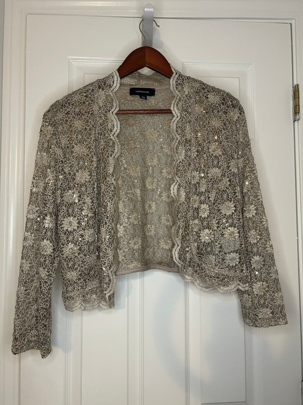 R&M Richards Gold Lace Sequin Bolero Jacket Women’s L Scalloped Formal USA